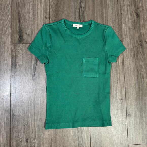 Madewell Garment-Dyed Ribbed Crewneck Pocket Tee WMNS S Verdant Green Slim fit - Picture 4 of 8